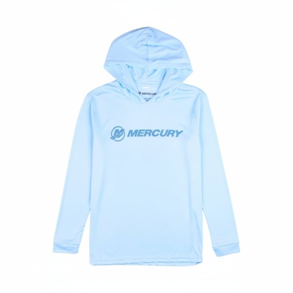 Youth Waterway Performance Hoodie light blue long sleeve hooded performance shirt with Mercury logo on front