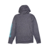 Back view of gray Mercury Racing performance hoodie with turquoise sleeve graphics.