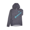 Angled view of gray Mercury Racing performance hoodie showing turquoise chest and sleeve branding.