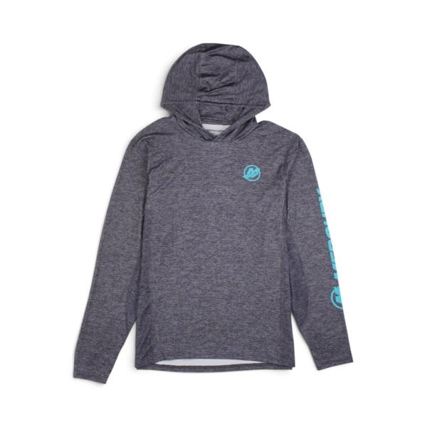 Gray Mercury Racing performance hoodie with hood and turquoise Mercury Racing graphics.