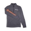 Angled view of gray Mercury Commander Quarter Zip highlighting orange Mercury sleeve graphic and script chest logo.