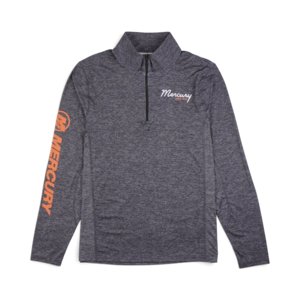 Front view of gray Mercury Commander Quarter Zip with orange Mercury sleeve graphic and script chest logo.