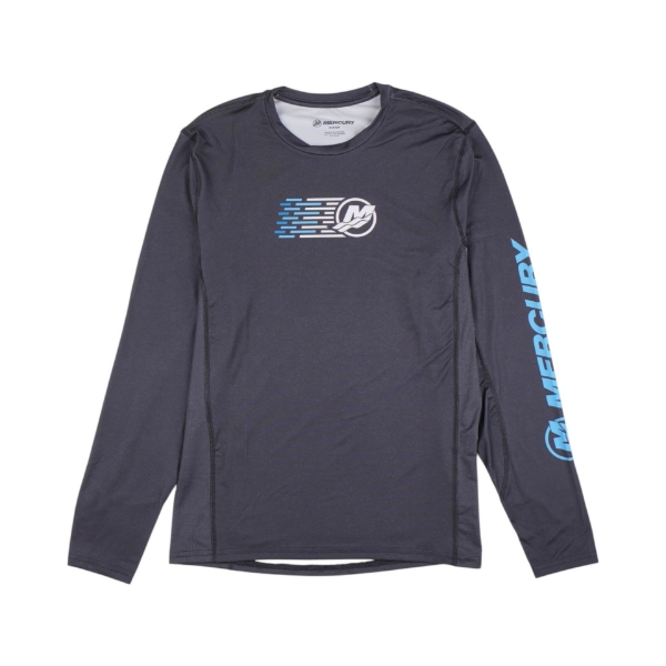 Charcoal Mercury Torque Sun Hoodie, front view with logo on left chest and "Mercury" text down right sleeve