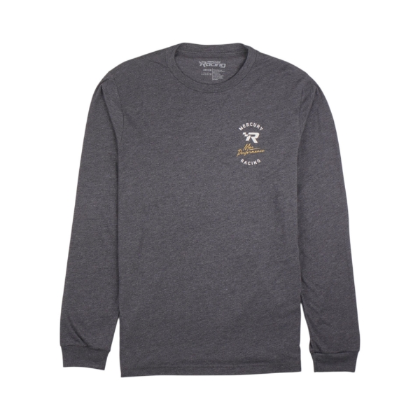 Charcoal gray Mercury Racing Elite long-sleeve shirt, front view with logo on left chest