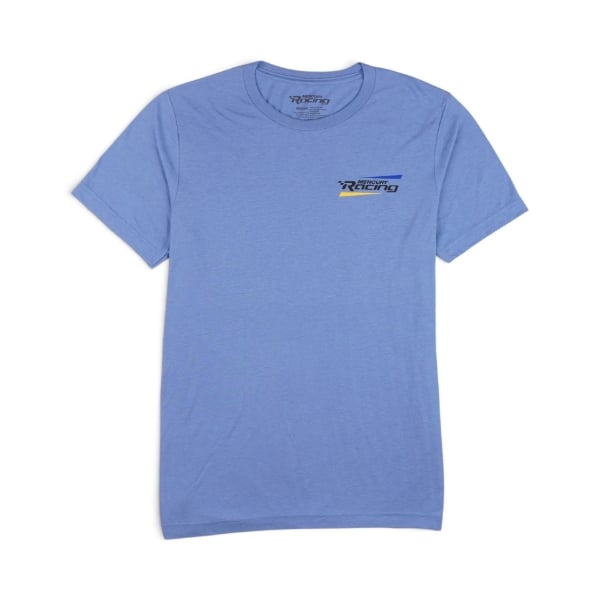 Light blue Mercury Racing tee with a small “Designed for Champions” logo printed on the left chest.