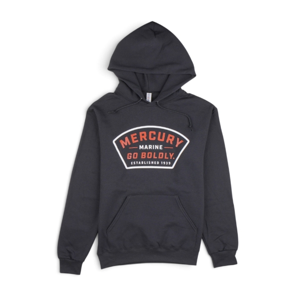 Front view of the Mercury Marine Go Boldy Black Hoodie