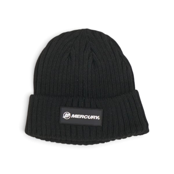 Black rib‑knit beanie with folded cuff and woven Mercury patch on the front.