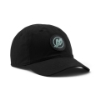 Black Mercury Logo Hat, angled front view with circular "M" emblem patch