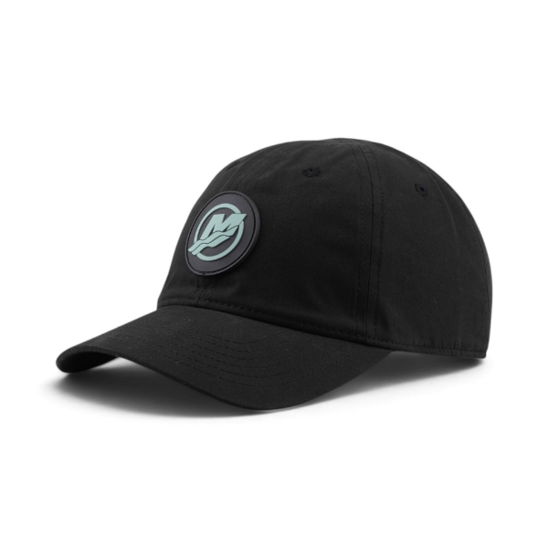 Black Mercury Logo Hat, side view showing curved brim and emblem patch