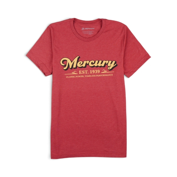 Front of heather canvas red tee with Mercury text across the chest.