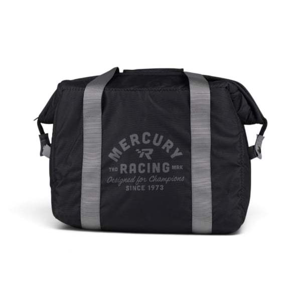 Black Mercury Racing cooler bag with grey straps and a subtle Mercury Racing logo printed on the front.