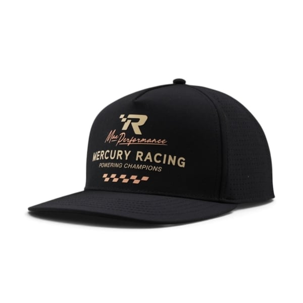 Black Mercury Racing Max Performance Cap, angled front view with racing graphic and gold checkered flag detailing