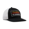 Black and white Mercury Racing trucker cap, angled front view with "Designed for Champions" patch