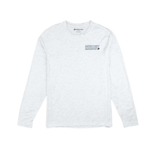 White-gray Mercury Marine long-sleeve performance shirt with small logo on left chest