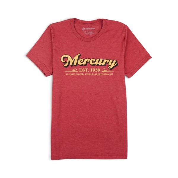 Front of heather canvas red tee with Mercury text across the chest.